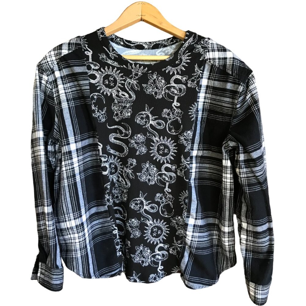 Celestial Flannel Shirt Upcycled Oversized Reworked Sun Moon Serpent S - M
